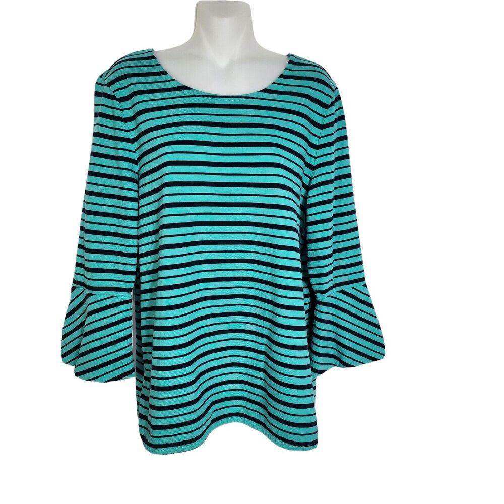 Talbots Womens Top Sz Large Green Blue Striped 3/4 Bell Sleeve Cotton Round Neck